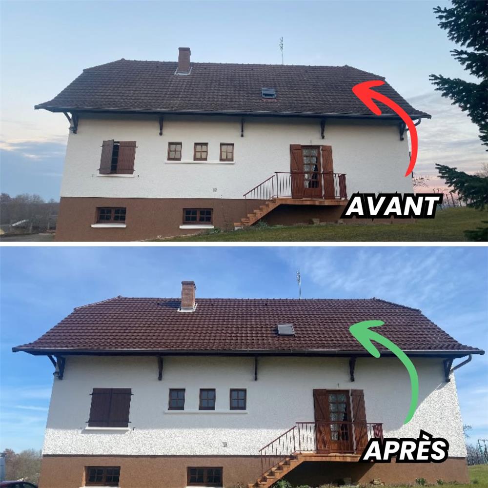 Maison vue de face, toiture avant et après traitement